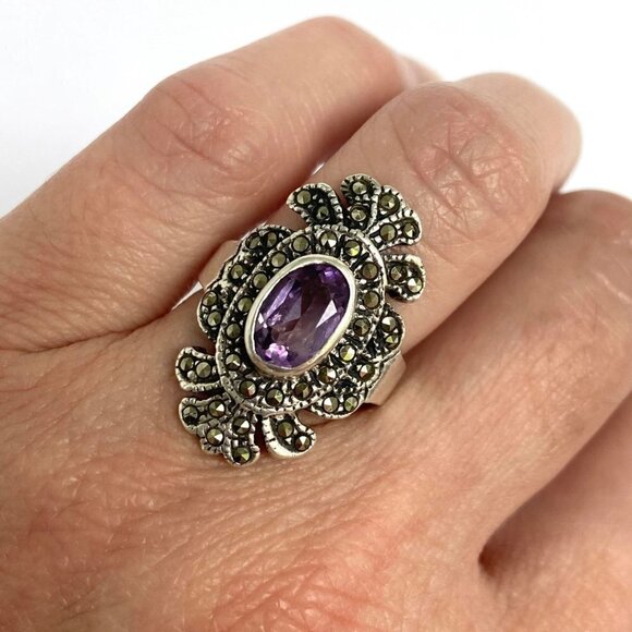 Sterling Silver 925 HAN Thai Oval Amethyst 1" Large Marcasite Ring Sz 6.25 - Picture 11 of 16